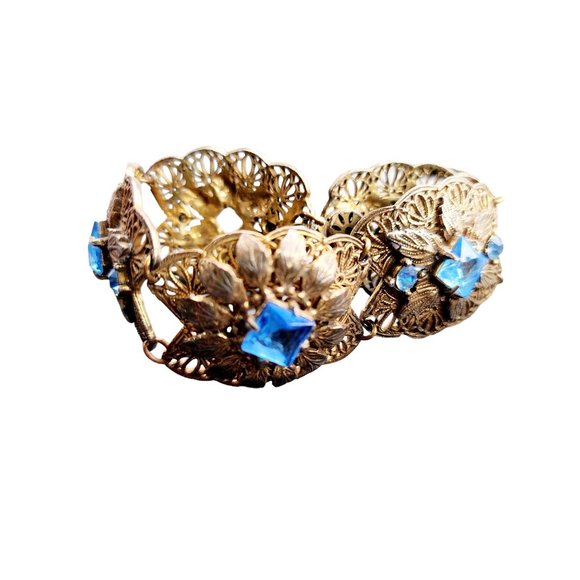 Vintage Czech Faceted Glass & Brass Filigree Bracelet (A4270) - Picture 8 of 9